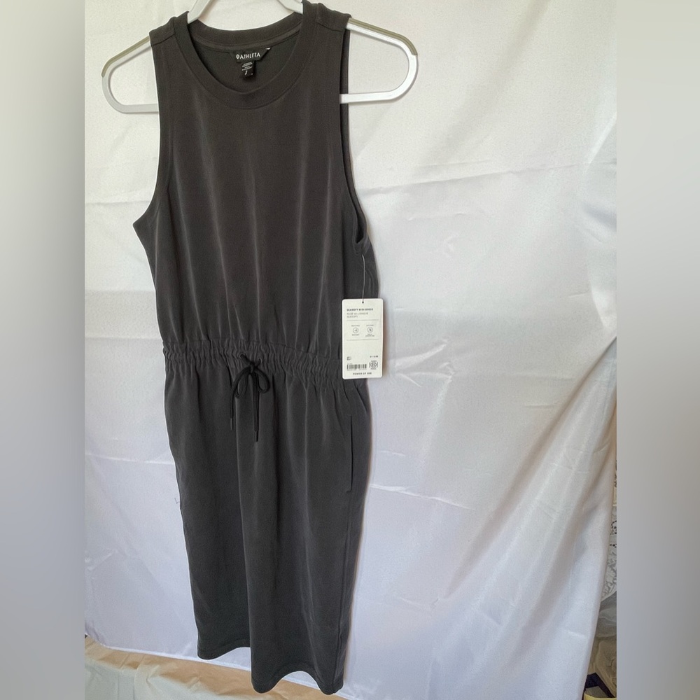 Athleta Seasoft Midi Dress NWT DK Gray Sleeveless Drawstring Waist Sz Small